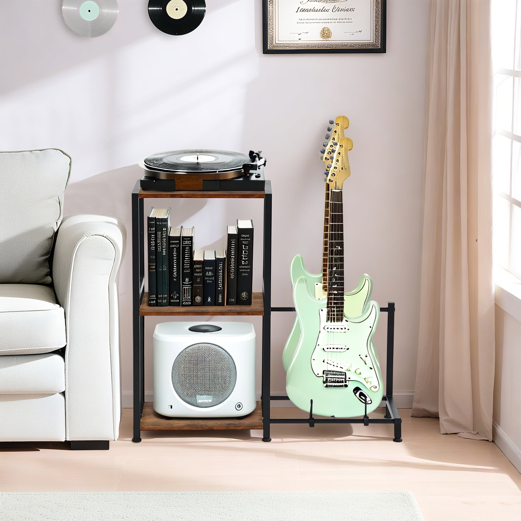 3-Tier End Table with Guitar Stand, 2-Guitar Holder Music Equipment Rack, Storage Shelf for Vinyl Records Audio Gear for Living Room Studio
