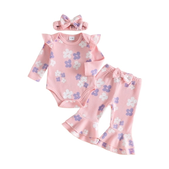 Loicainy Infant Baby Girl Fall Outfits 3 6 9 12 Months Flower Print Long Sleeve Romper Flare Pants Headband Clothes Set