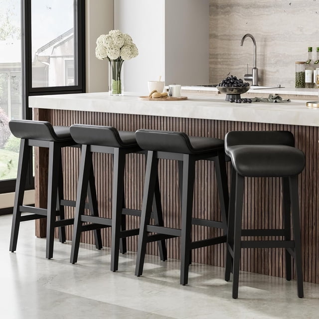 YUSAZENS 26.2 Inch Bar Stools Counter Height with Low Back Footrest Wood Frame Wide PU Leather Upholstered Seat Barstools Set for Kitchen Islands Counter Bars Home Black 4pcs