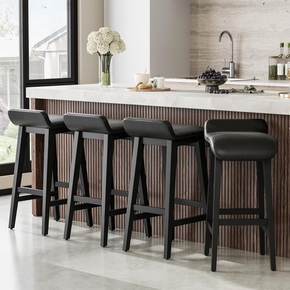 Senfot 26.2 Inch Bar Stools Counter Height with Low Back Footrest Wood Frame Wide PU Leather Upholstered Seat Barstools Set for Kitchen Islands Counter Bars Home Black 4pcs