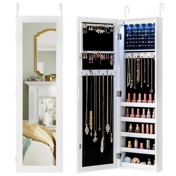 Costway Wall Door Mounted Mirrored Jewelry Cabinet Organizer Storage w/LED Light White