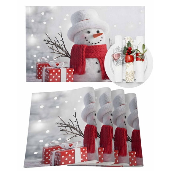 Christmas Placemats Set of 6, Red Scarf Snowman Place Mats Xmas Balls Red White Snowflake Placemat Table Decoration for Kitchen Table Dinner Xmas Holiday Party Home Decor Indoor Outdoor 13x19 Inch