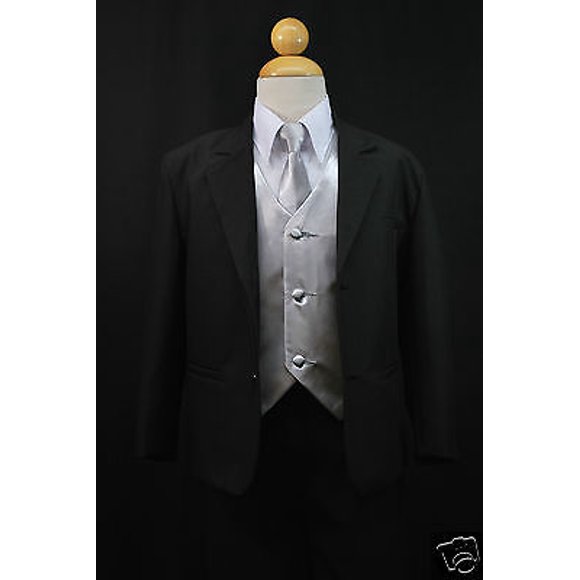 Boy Baby Toddler Kid Teen Formal Wedding Black Silver Suit Tuxedo 5pc Set S-20