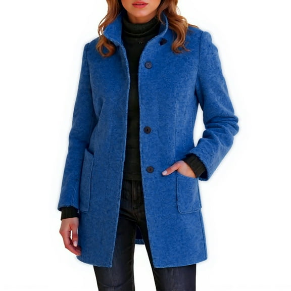 Dwralegc Wool Pea Coats for Women Casual Stand Collar Wool Coat Trench Mid Long Thicken Jackets Winter Balck Overcoat with Pockets Clearance Blue L