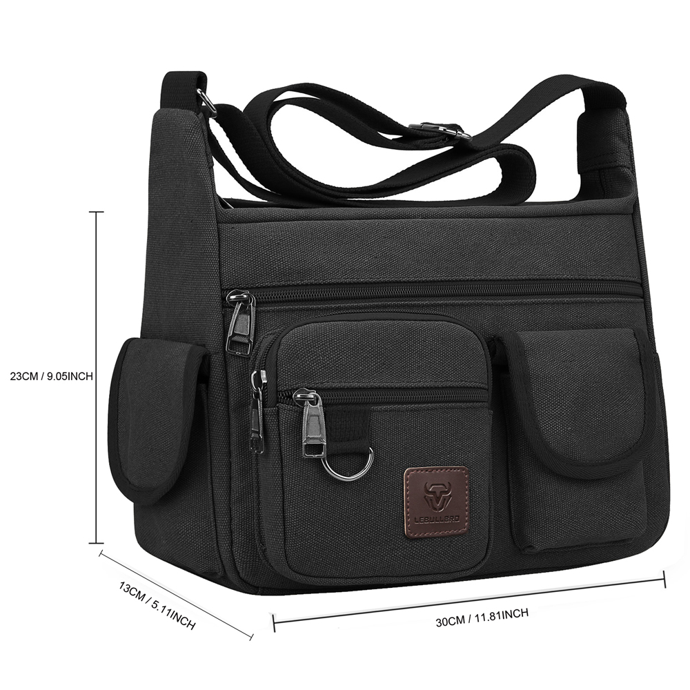 LEBULLBRO Canvas Messenger Bag for Mens Womens Multi-pockets 13 inch Laptop Shoulder Sling Bags School Crossbody Bags Travel Black