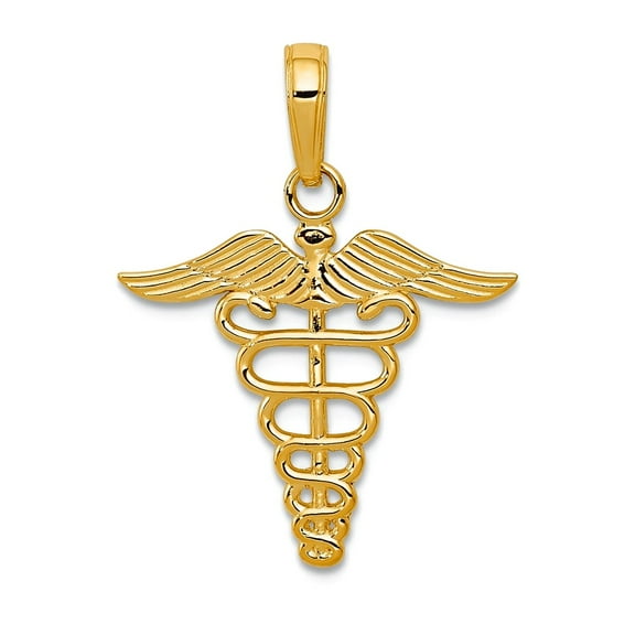 10k Gold Caduceus Charm Textured 24x19mm Wide Pendant Necklace for Women - .7 Grams