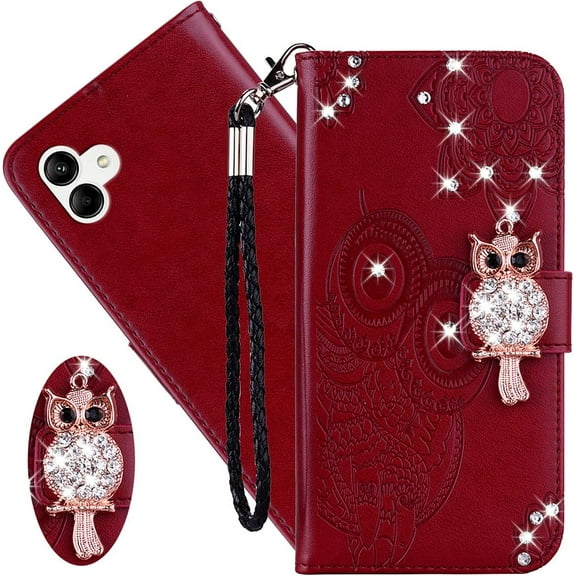 for Samsung Galaxy A04 Case with Credit Card Holder, Glitter Bling Diamond PU Leather Wallet Phone Case Flip Folio Book Cover for Samsung Galaxy A04 Owl Red