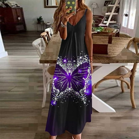 

Leesechin Womens Dresses Clearance Summer Pocket Sleeveless Lace Print V-Neck Dress