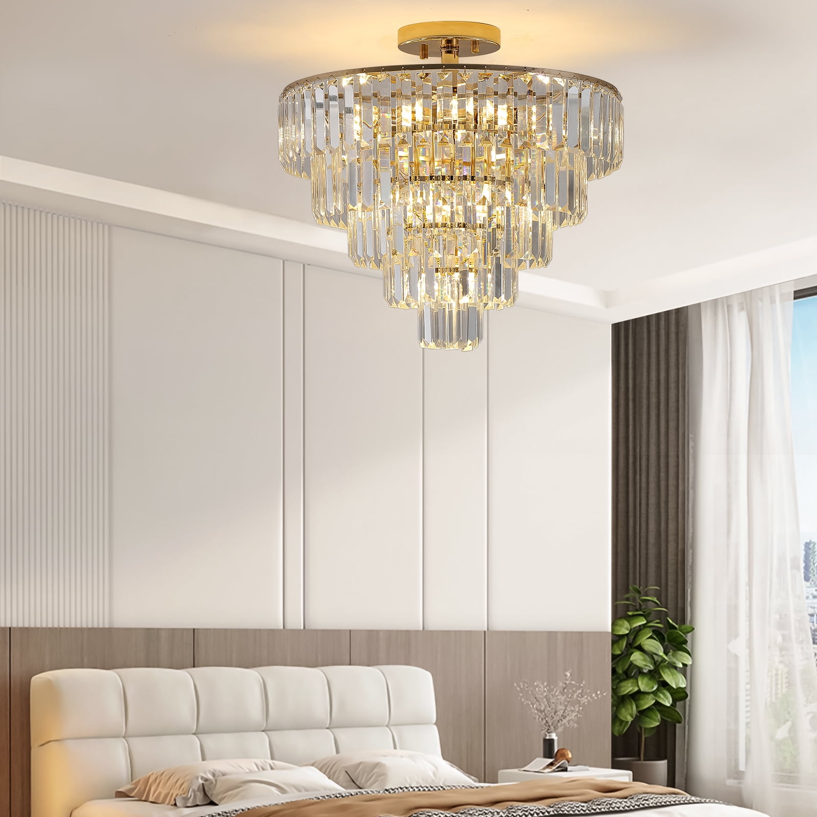 Large Contemporary Luxury Ceiling Lighting Gold Crystal Chandeliers,5-Tier 19.7in Round Semi Flush Mount Chandelier Light Fixture,for Living Room Dining Room Bedroom Hallway
