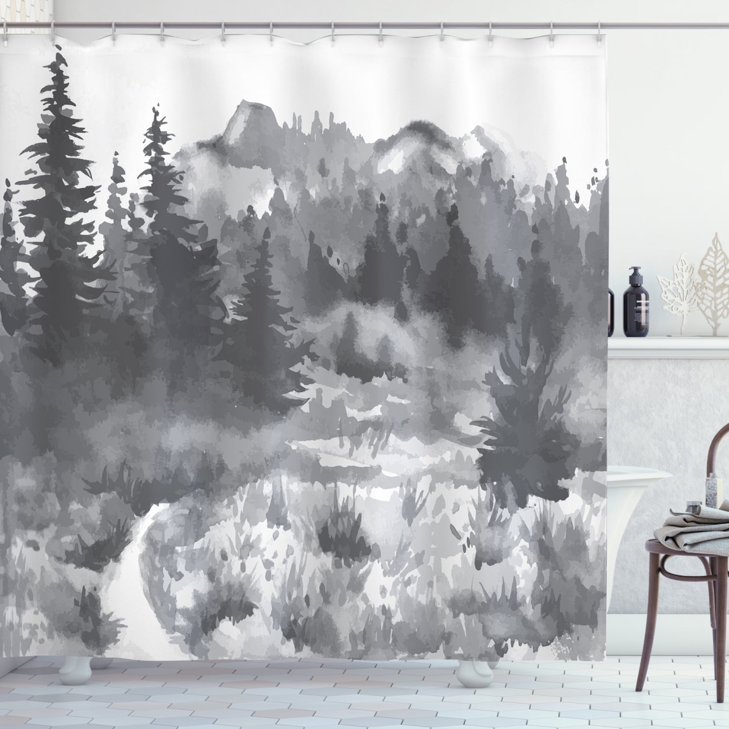 Abstract Watercolor Winter Foggy Forest Fabric Shower Curtain Hooks Bathroom Set 