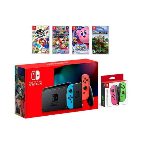 2022 New Nintendo Switch Red/Blue Joy-Con Console Multiplayer Party Game Bundle + Neon Pink/Green Joy-Con, Super Mario Party, Mario Kart 8 Deluxe, Kirby Star Allies, Minecraft
