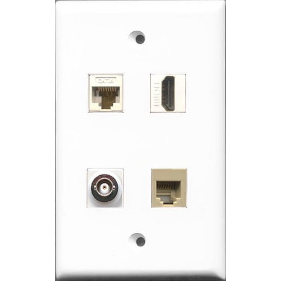 RiteAV 1 Port HDMI and 1 Port Phone RJ11 RJ12 Beige and 1 Port BNC and 1 Port Cat6 Ethernet White Wall Plate