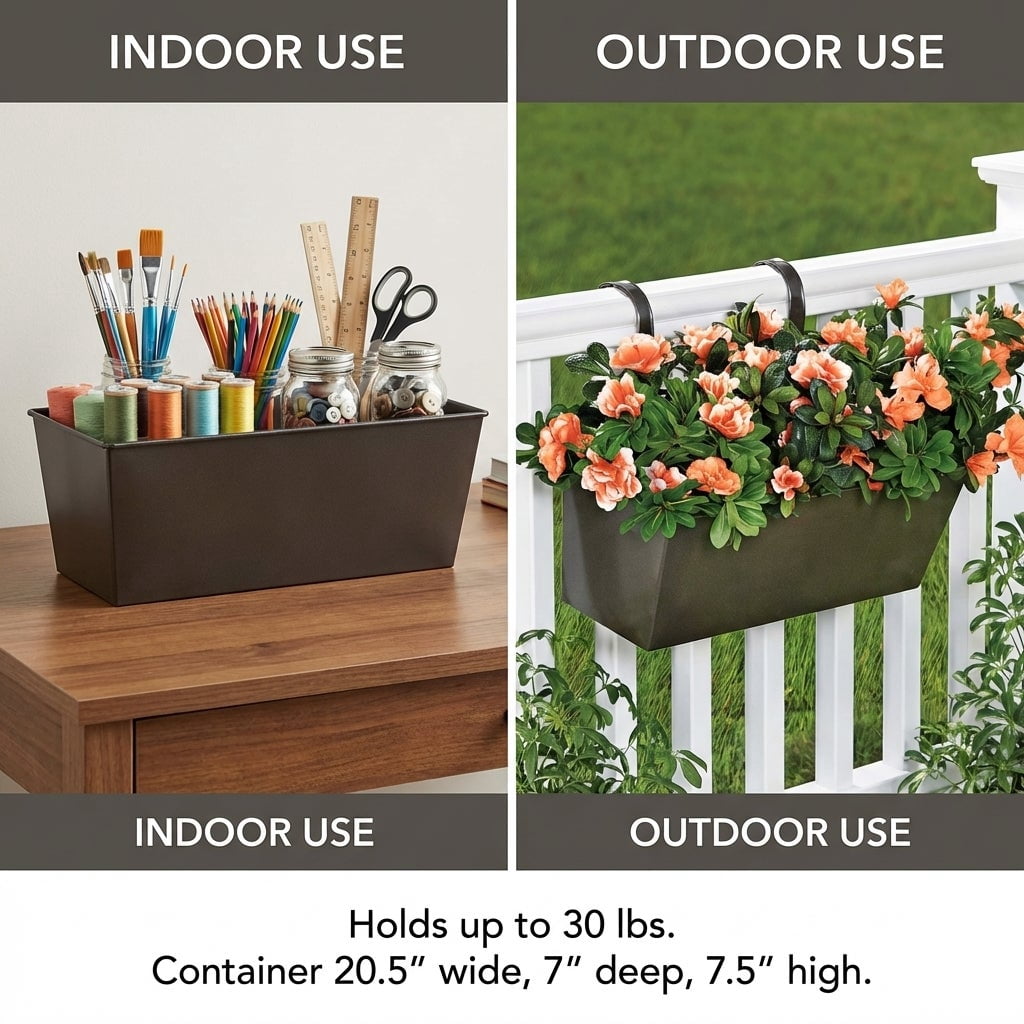 BrylaneHome Outdoor Weatherproof Metal Railing Hanging Flower Garden Windowbox Planter with 3 Drainage Holes