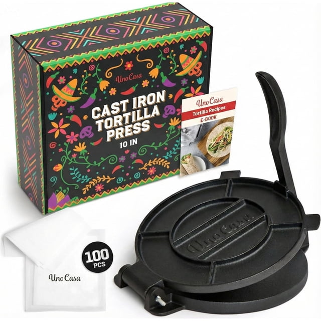 Uno Casa Cast Iron Tortilla Press 10 Inch - Tortilla Maker Press, Pre-Seasoned Roti Maker with 100 Pcs Parchment Paper - Heavy Du