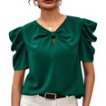 thumbnail image 2 of Blusa informal de manga corta, blusa de manga corta abullonada, blusa de manga abullonada con lazo y cuello en V, blusa de manga abullonada de color puro, materiales ecológicos, 2 of 6