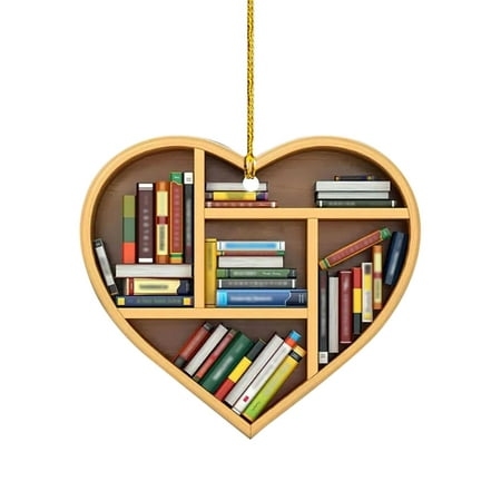 

Veki Book Lovers Heart Shaped Bookshelf Pendant Acrylic Ornament Hanging Stained Glass Birds