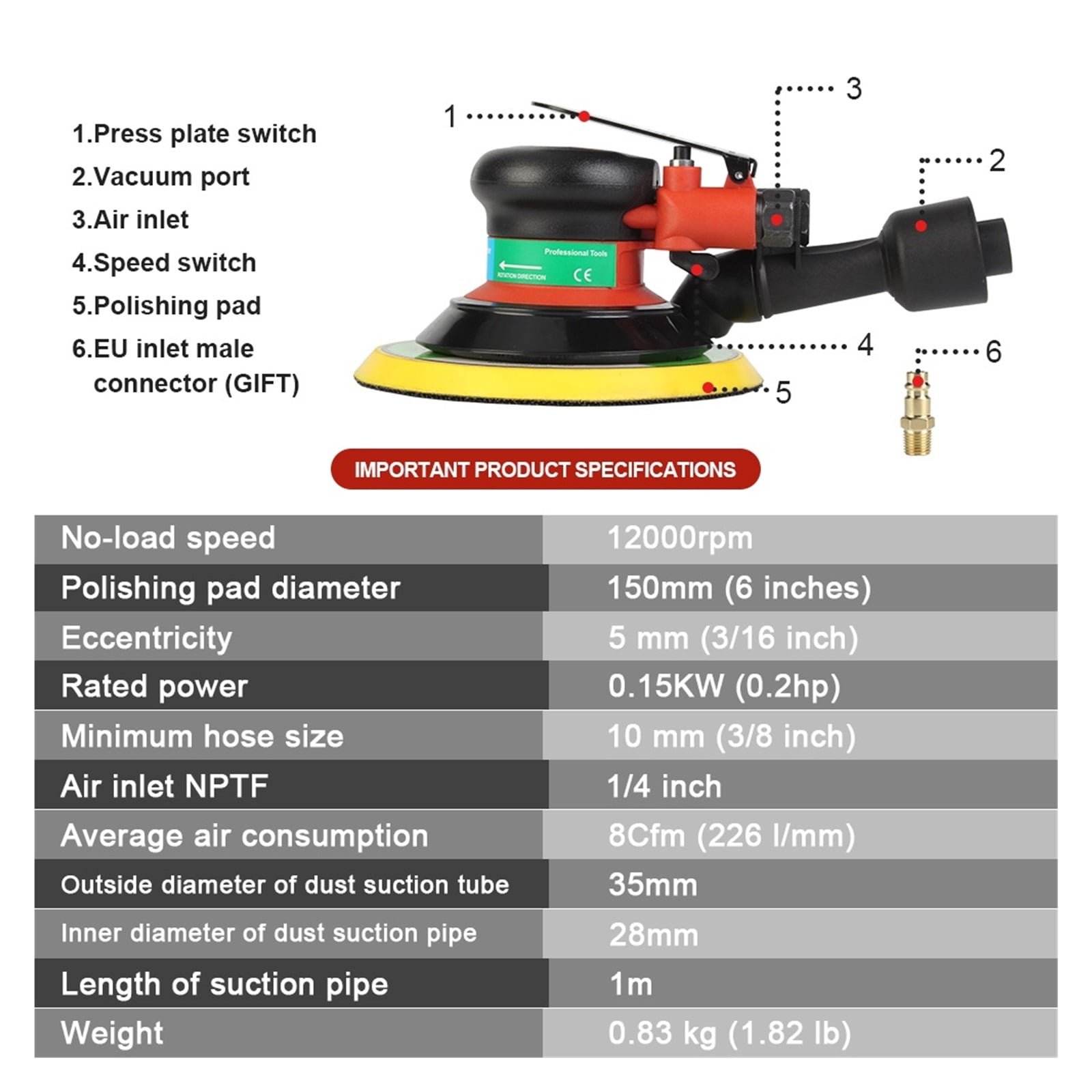 Pneumatic Sanding Machine 150MM 6" Eccentric 5MM Random Orbital Vacuum Air Sander Pneumatic Tools