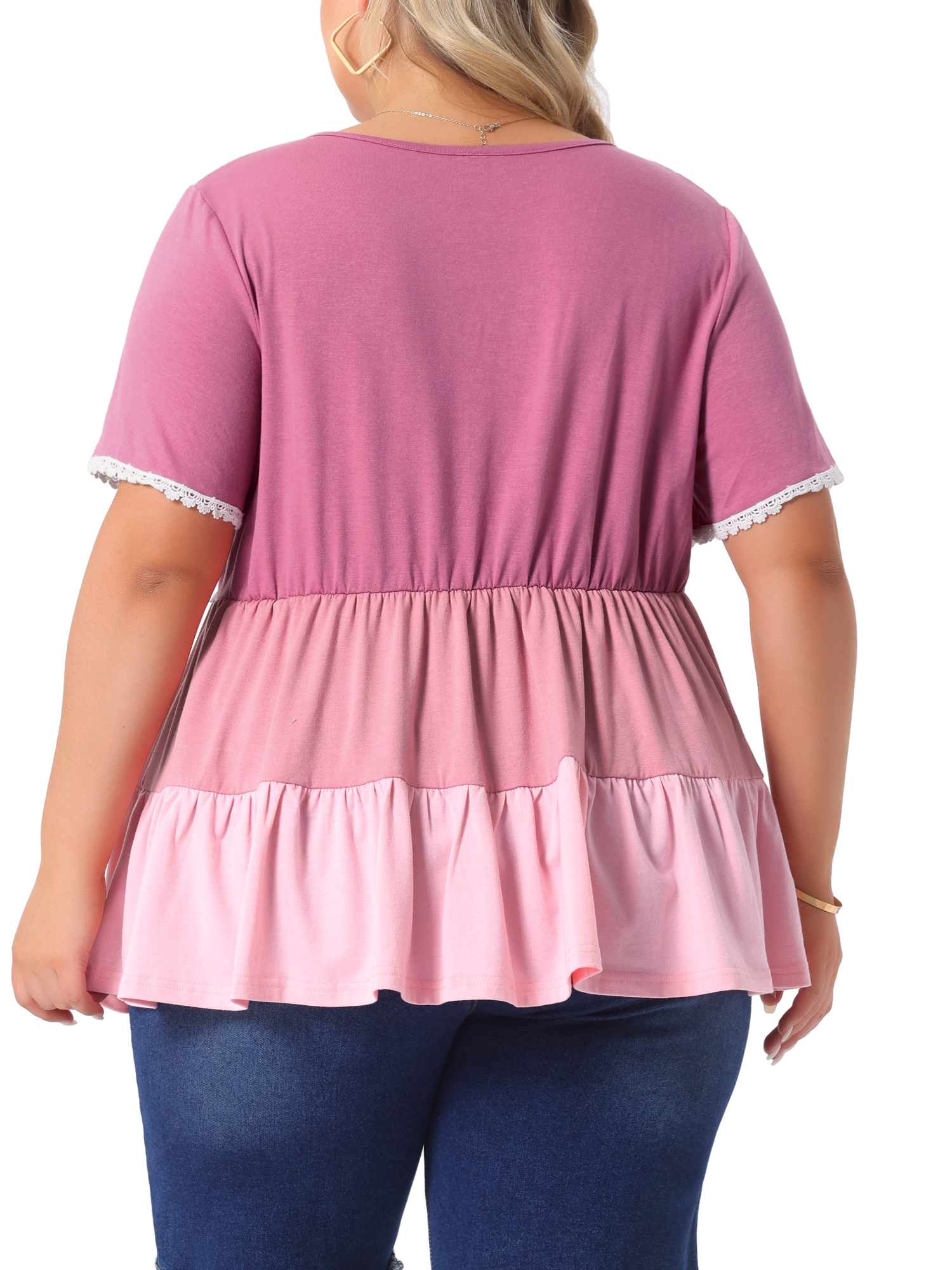DARING DIVA Women's Plus Babydoll Ruffle Short Sleeve Casual Blouse 1X Dark Pink