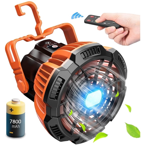 Camping Fan with LED Lantern, Rechargeable Battery Powered Fan, Portable Tent Fan with Remote Control, 25H Working Time, Battery Operated Fan, 180°Head Rotation, Outdoor travel Fan, Ceiling Fan