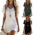 thumbnail image 6 of qucoqpe Women's Cotton Linen Dress Summer Short Sleeve V Neck Casual Mini Tshirt Dresses, 6 of 6