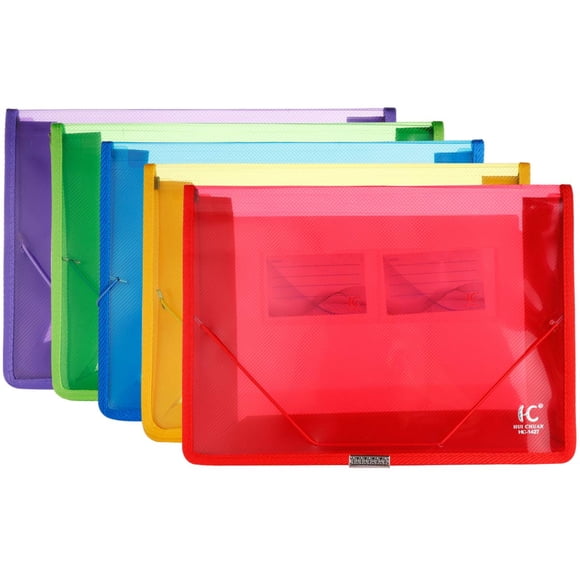 Dossiers en Plastique Écologiques, Portefeuille Extensible en Poly, Organiseur d'Enveloppes Transparent avec Bande Élastique et Fermeture à Boutons, avec Deux Petites Poches, 5 Couleurs