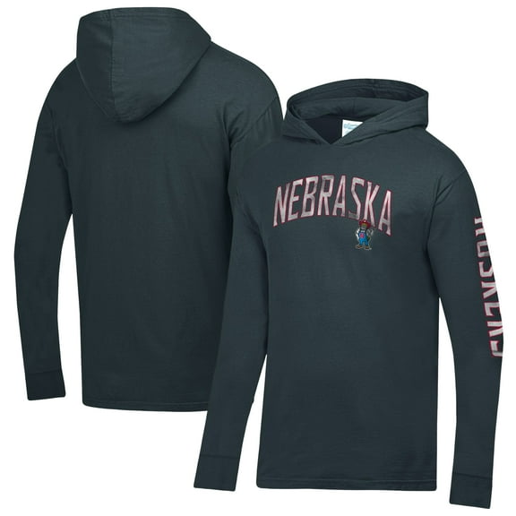 Men's ComfortWash  Charcoal Nebraska Huskers Long Sleeve Hooded T-Shirt