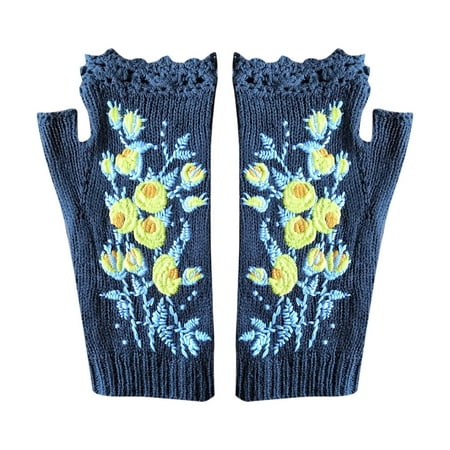 

Dadaria Winter Gloves Ladies Fashion Vintage Knitted Gloves Flower Hollow Out Embroidered Warm Half Finger Woman Gloves Dark Gray 均码 Women