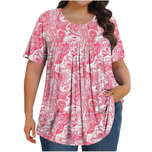 Pisexur Hauts de Printemps pour Femmes Blouses pour Femmes Chic Décontracté Mode pour Femmes Imprimé Col Rond Manches Courtes Plissé Ample Haut Multicolore,3TG