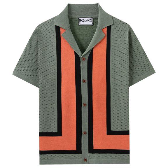Men's New Summer Striped Ice Silk Shirt, Color Contrast, Lapel, Cut Out Design, for Work & Casual, Multiple Sizes