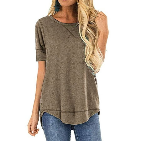 SHIBEVER Summer Short Sleeve T-Shirts for Women Fashion Trendy Loose Cute Casual Crew Neck Coffee Tunic Tops Blouse Size XL