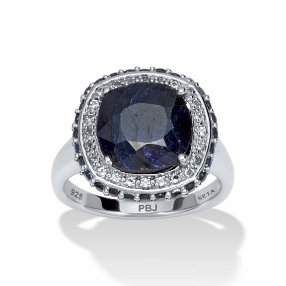 PalmBeach Jewelry 3.54 TCW Cushion Cut Simulated and Genuine Blue Sapphire and White Topaz Accents Sterling Silver Cocktail Ring