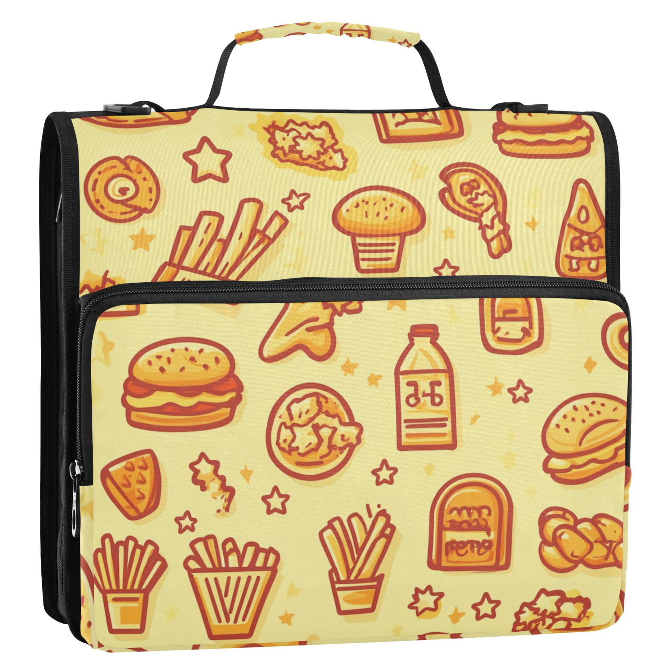 3 Ring Zipper Binder with Shoulder Strap Waterproof Trapper Keeper 2 Inch D-Ring 500 Sheets Capacity Chicken Burger and Fries