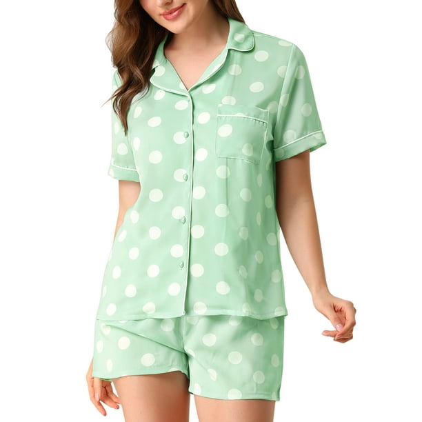 Conjunto De Pijama Manga Corta Allegra K Ropa De Dormir Lunares Cuello De Muesca Con Botones Para Mujer Verde XL
