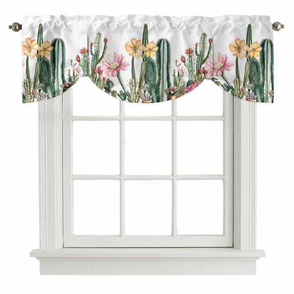 Tie Up Valances for Windows, Green Cactus Adjustable Valance Curtains Window Treatment for Living Room/Bedroom, Spring Floral Watercolor Botanical Rod Pocket Kitchen Curtains & Drapes 42x12 Inch