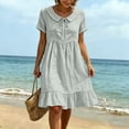 thumbnail image 6 of Ayolanni V Neck Dresses for Women Solid Short Sleeve A-Line Midi Dress Flowy Cotton Linen Travel Beach Dress Gray L, 6 of 7