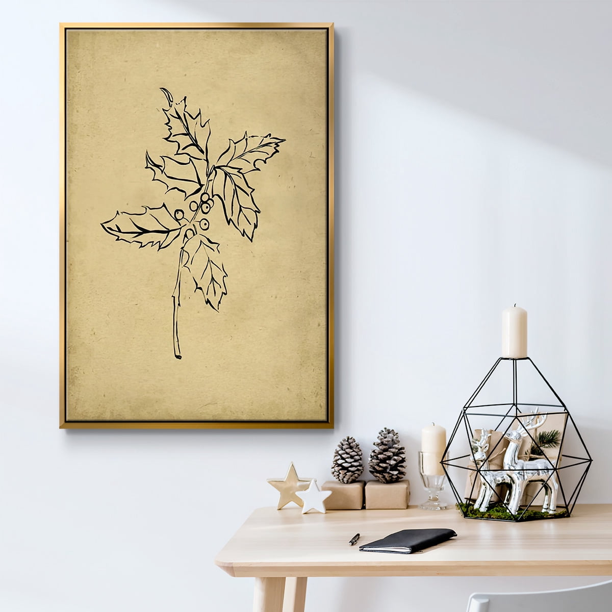 Holly Branch I - Framed Gallery Wrapped Holiday Canvas - 17 x 25 - Gold Frame