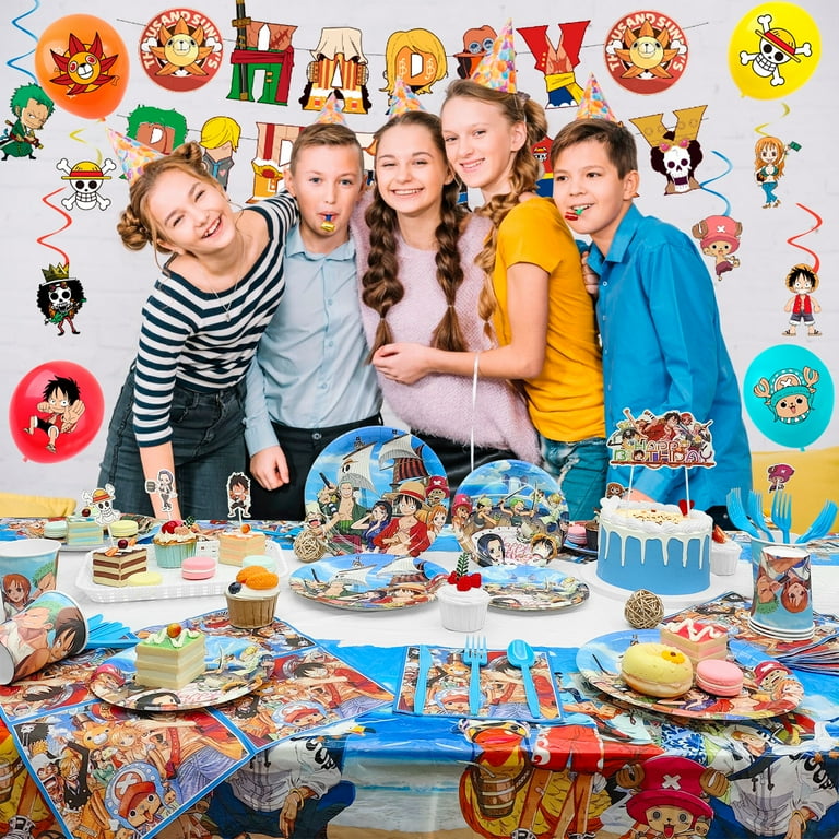 One Piece Birthday Party Supplies, 117pcs One Piece Party Decorations & Tableware Set - One Piece Banner Balloons Hanging Swirls Cake Topper Plates Cups etc One Piece Birthday Decorations for Kids