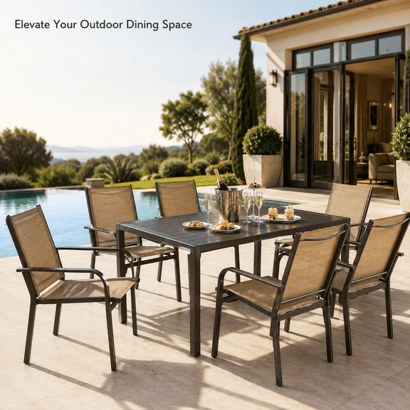 7 Piece Patio Dining Set with Textilene Chairs, Outdoor Table for 6, Brown