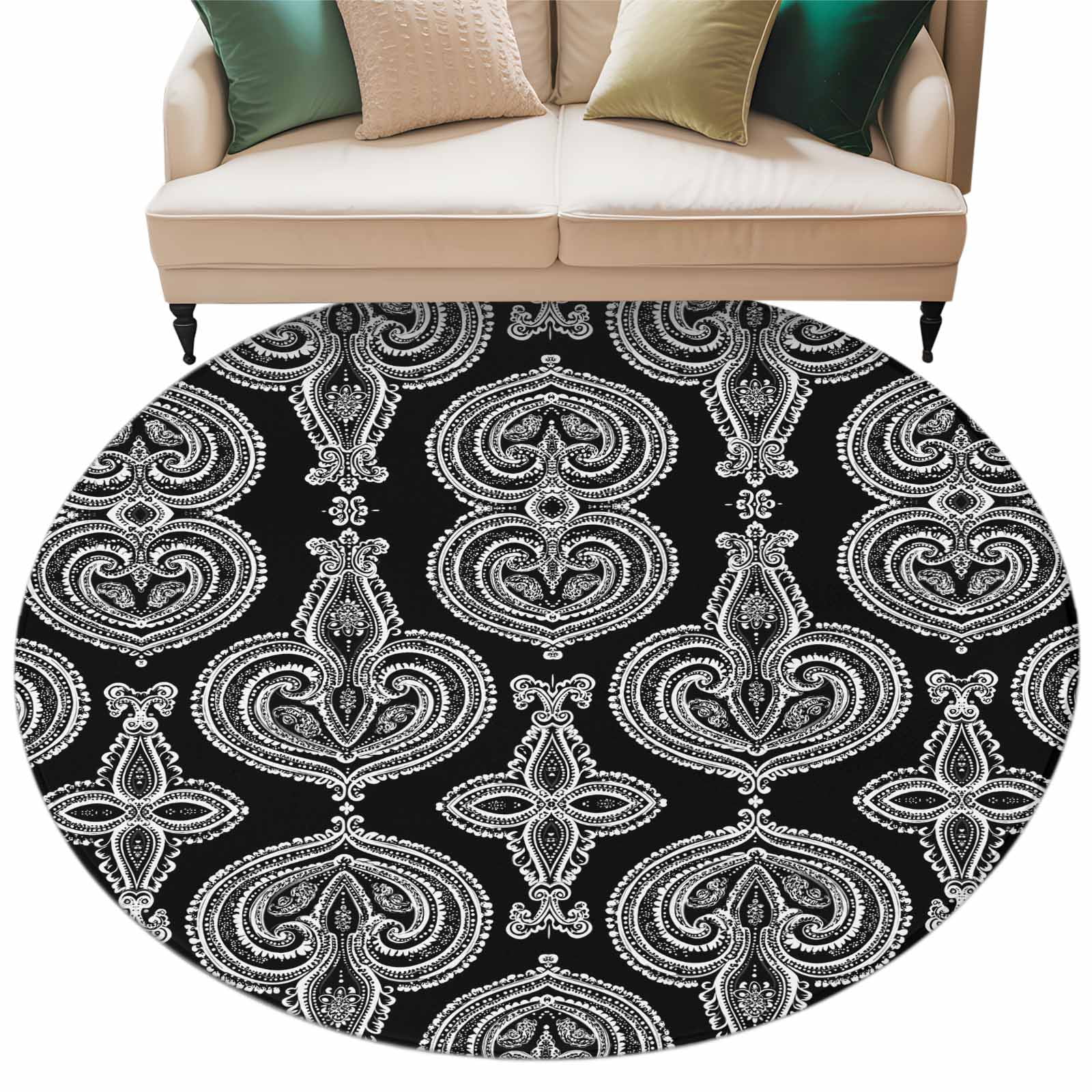 Round Rug 5ft Area Rug Abstract Paisley Flower Texture Area Rugs for Living Room Bedroom Ethnic White Floral on Black Floor Mat Non-Slip Non-Shedding Carpet Indoor Accent Rugs