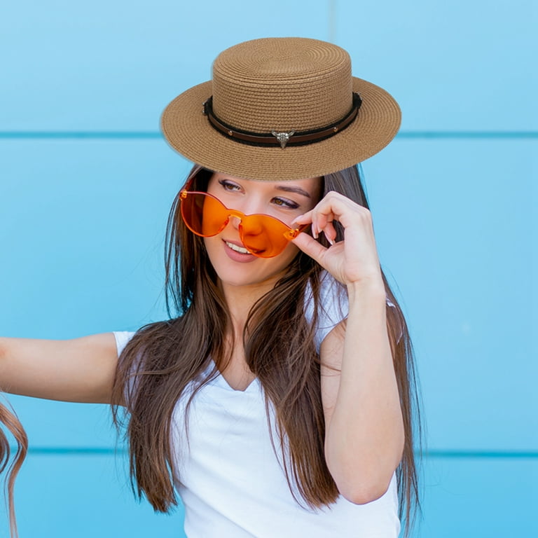 Men Women Straw Fedora Hat Classic Flat Top Jazz Panama Hat Wide Brim Boater Hat with Bull Band Clothing Accessories Cosplay Props