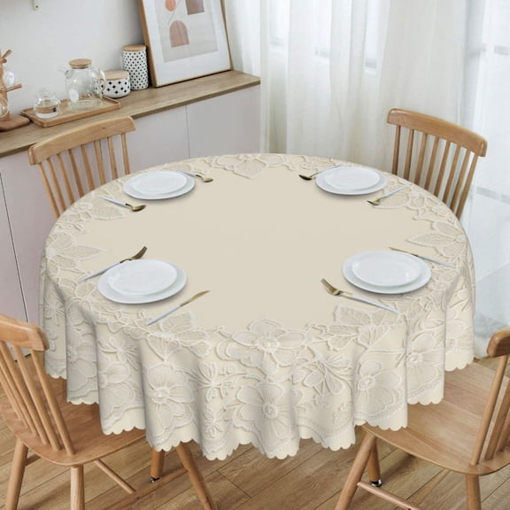 Ivory Lace Concentric Round Tablecloth Waterproof Oil-Proof Plastic Table Cloth Stain-Resistant Wipeable 60" for Camping, Dining, Indoor and Outdoor