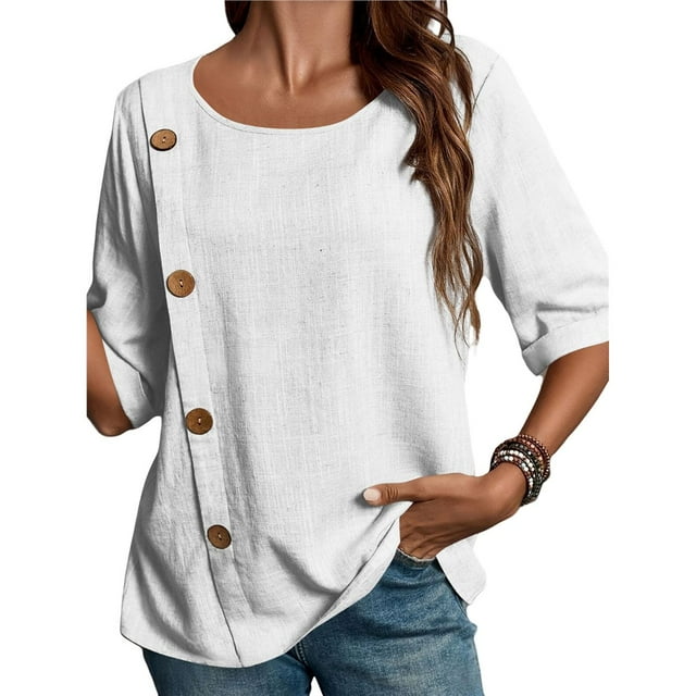 Camiseta Informal Holgada de Corta con Cuello Redondo y Botones de Algodón y para Mujer, Estilo Formal y de Trabajo S