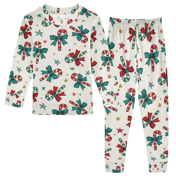 joogoo Christmas Candy Cane Bows 2 Piece Long Sleeve Tee and Pants Cotton Pajama Set 5Y