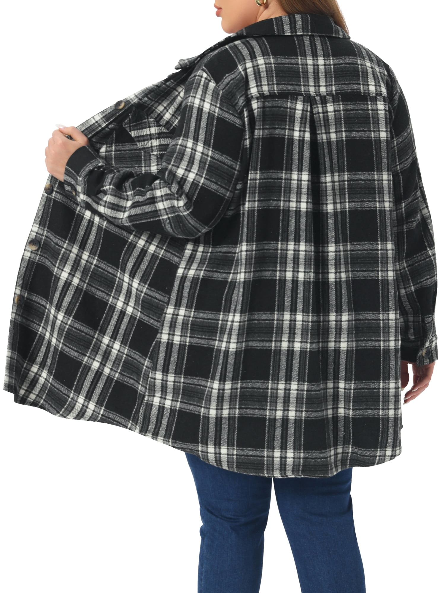 DARING DIVA Women's Plus Plaid Shacket Long Sleeve Flannel Fashion Jacket 3X Black