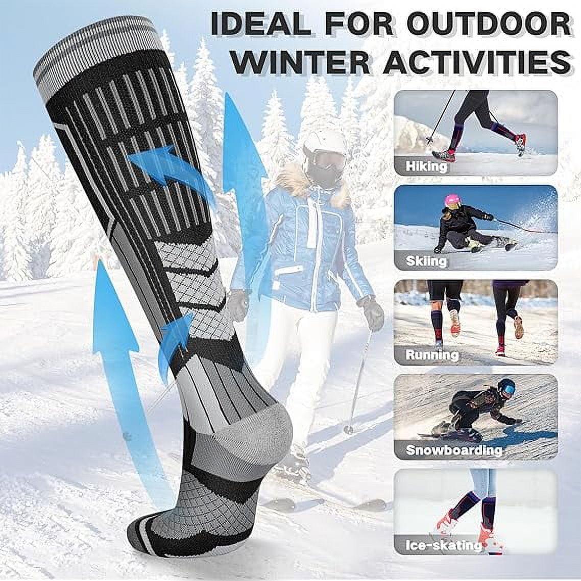 2 Pairs Merino Wool Ski Socks, Men Women Compression Snowboard Winter Thermal Socks for Skiing, Snowboarding, Cold Weather, Winter (Blackgrey USA Size 6.5-8)