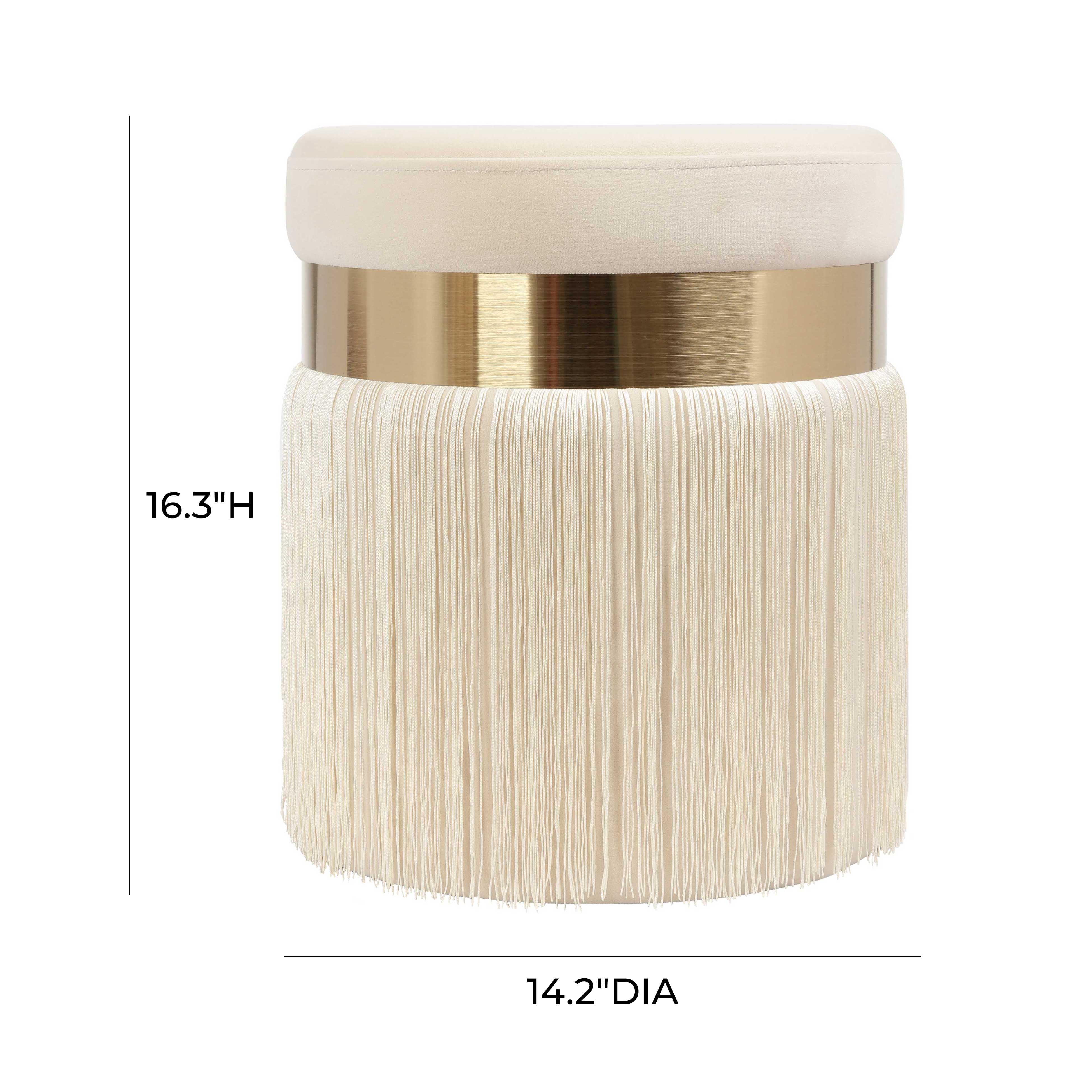 TOV Furniture Melody Cream Tasseled Ottoman with Brass Band