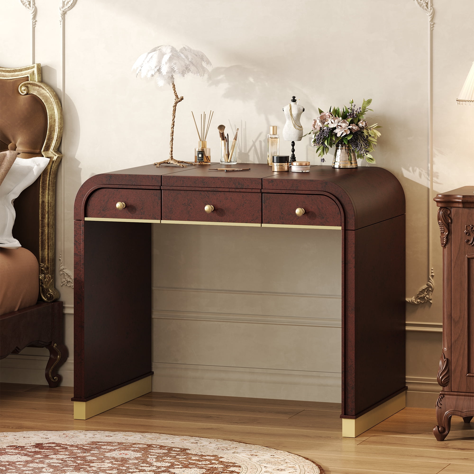 Mintazer Classic Wood Vanity Set with Flip Mirror, 3-in-1 Dressing Table with 2 Drawers & Storage Space, Makeup Vanity Desk for Bedroom, Espresso