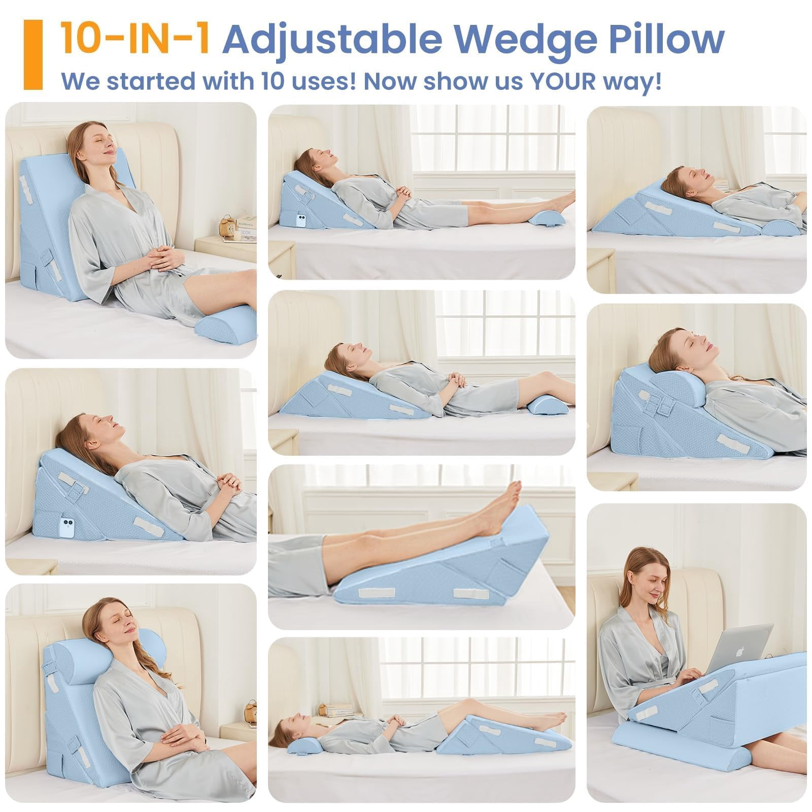 Wedge Pillow Set For After  2pcs Adjustable Bed Headboard With Memory Foam Neck Cushion - Acid Reflux Sleeping & Support Blue