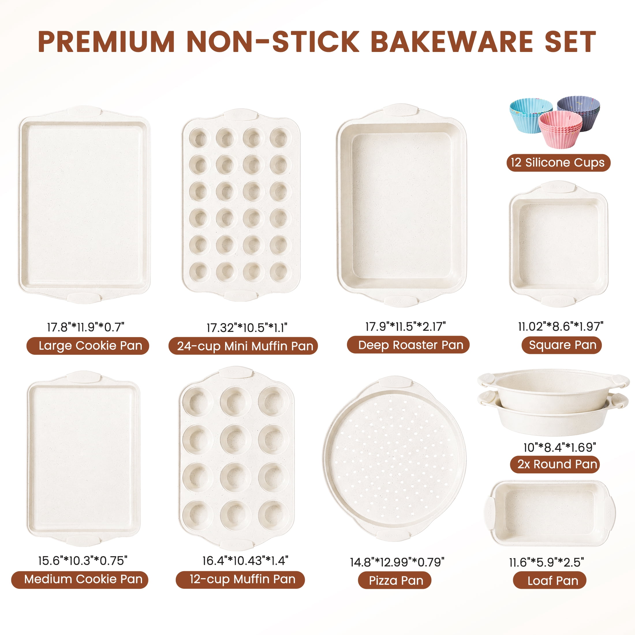 Kikcoin Bakeware Set, 21-Piece Baking Pans Set Kitchen Carbon Steel Baking Sheet Pans with Silicone Handles, Cookie Sheets Nonstick(Beige)