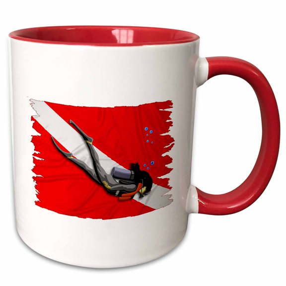 3drose, Lady Scuba Diver in Front of a Red and White Dive Flag., 11oz Two-tone Red Mug